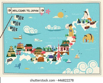 Japan travel map design with attractions and cultural symbol