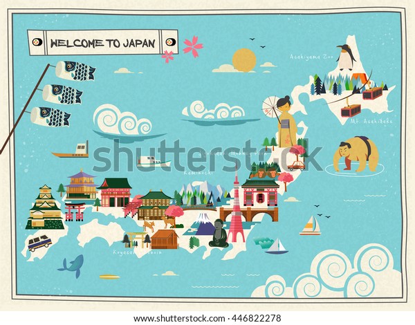 Japan Travel Map Design Attractions Cultural Stock Vector (Royalty Free ...