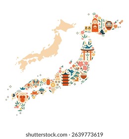 Japan travel map with famous cultural symbols and architecture. Japanese tourist poster or card design with famous landmarks, popular souvenirs, animals, asian food and architectural monuments.