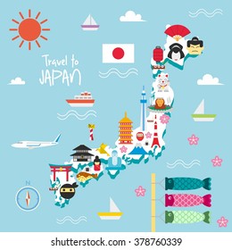 Mapa De Viajes De Japón Con Icono Plano. Ilustración vectorial
