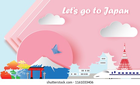 Japan travel and most famous landmarks,paper art style.