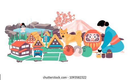 Japan travel with Onsen, fuji mountain, cherry blossom, tea ceremony, Shiba dog, Daruma doll, Dango dessert, and Shirakawa-go village all in colorful flat style, white background banner, illustratio