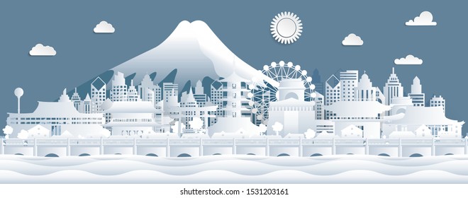 Japan travel. Panorama view of Japan skyline with world famous landmarks of Japanese in paper cut style. Vector illustration.