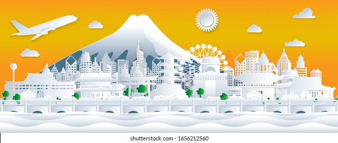 Japan travel. Panorama view of Japan skyline with world famous landmarks of Japanese in paper cut style. Vector art poster for business