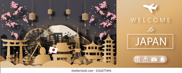 Japan Travel postcard panorama, poster, tour advertising of world famous landmarks of Japan in paper cut style. Vector illustration.