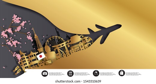 Japan Travel postcard panorama, poster, tour advertising of world famous landmarks of Japan in paper cut style.