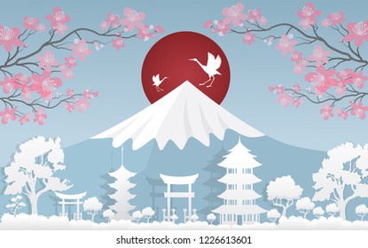Japan travel postcard, poster, tour advertising of world famous landmarks of Japan, autumn season in paper cut style. Vector illustration.