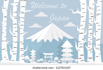 Japan travel postcard, poster, tour advertising of world famous landmarks of Japan, autumn season in paper cut style. Vector illustration.