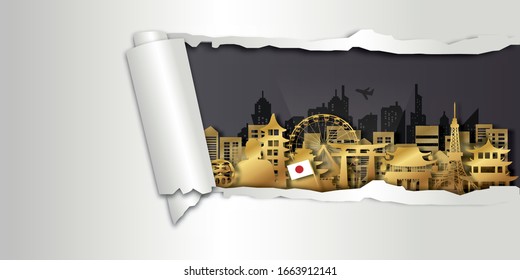 Japan Travel postcard, poster, tour advertising of world famous landmarks in paper cut style. Vectors illustrations