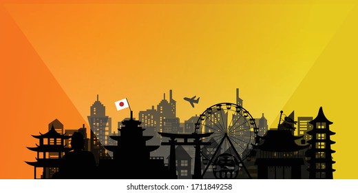 Japan Travel postcard, poster, tour advertising of world famous landmarks in silhouette style. Vectors illustrations