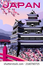 Japan Travel Poster with a bridge, cherry blossoms and an ancient castle and mountains in the background. Handmade drawing vector illustration. Flat design. Vintage style.  svg