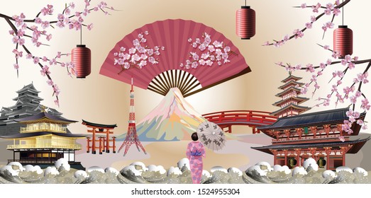 Japan Travel , poster for tourist, tour advertising of world famous landmarks of Japan