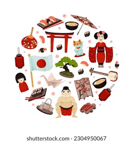 Japan Travel Round Composition Design with Traditional Symbols Vector Template