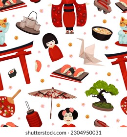 Japan Travel Seamless Pattern Design with Traditional Symbols Vector Template