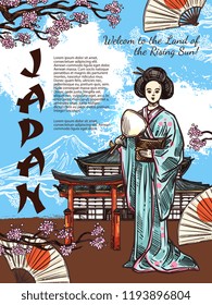 Japan travel sketch poster of Japanese traditional symbols. Vector geisha woman in kimono with fan at Fuji mount and pagoda temple with blooming sakura cherry blossom and hieroglyph ornament