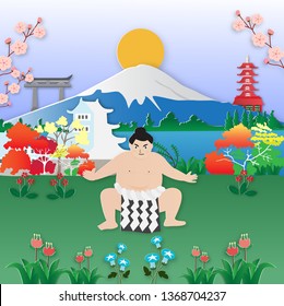 Japan travel with sumo wrestler and most famous landmarks,paper art style.