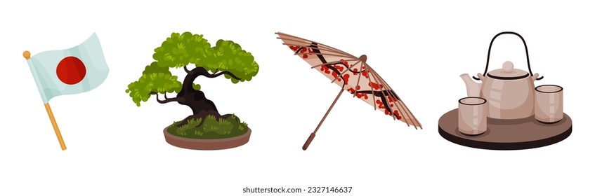 Japan Travel Symbols with Flag, Bonsai Tree, Umbrella and Tea on Tray Vector Set