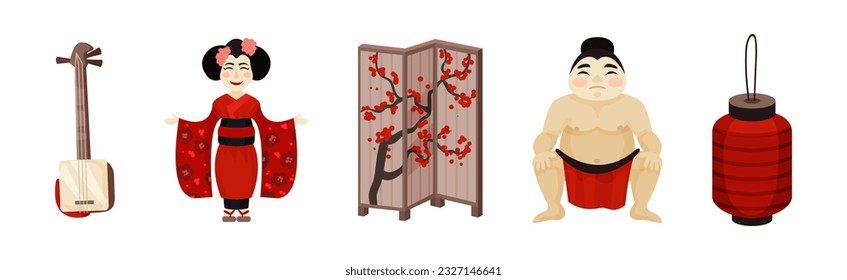 Japan Travel Symbols with Shamisen, Geisha, Folding Screens, Sumo Wrestler and Lantern Vector Set