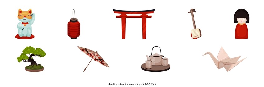 Japan Travel Symbols with Shamisen, Lantern, Beckoning Cat, Doll Figurine, Torii Gate, Bonsai Tree and Origami Vector Set