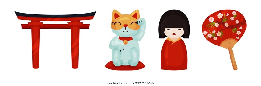 Japan Travel Symbols with Torii Gate, Beckoning Cat, Fan and Doll Figurine Vector Set