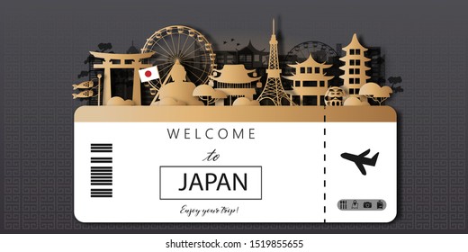 Japan Travel Ticket Postcard, poster, tour advertising of world famous landmarks of Japan in paper cut style. Vector illustration.