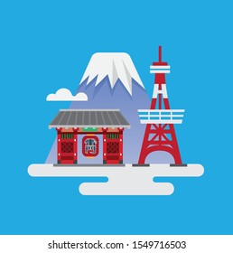 Japan travel, tokyo tower, kaminarimon gate and mt fuji, flat vector illustration