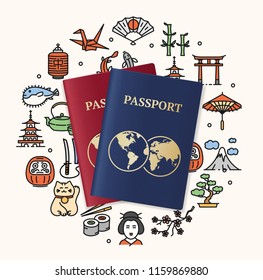 Japan Travel and Tourism Concept Card with Realistic Detailed 3d Passport and Thin Line Icons. Vector illustration of Japanese Symbols