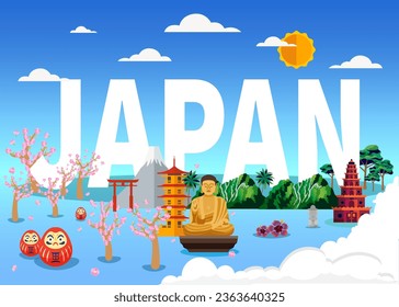 Japan travel tourism infographic illustration seen behind the clouds. Vector travel places and famous landmarks