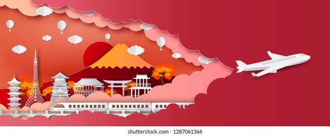 Japan Travel and tourism and transport .Traval to japan of world famous landmarks  of Japan in autumn season with balloon.concept vector paper art and digital craft style.