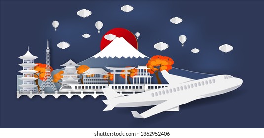 Japan Travel and tourism and transport .Traval to japan of world famous landmarks  of Japan in autumn season with balloon.concept vector paper art and digital craft style.