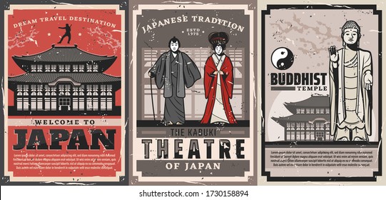 Japan travel vector retro posters. Japanese culture traditions, vintage welcome to Japan, geisha and samurai in kabuki theater, Buddhist religious temple, ninja and tea ceremony house cards