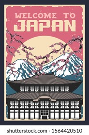 Japan travel, vector vintage poster of Japanese culture traditions and famous landmarks. Welcome to Japan, Tokyo Fuji mount and traditional buddhist pagoda temple with sakura cherry blossom