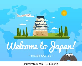 Japan travel. Welcome to Japan poster with famous attraction design. Travel agency tour guide. Booking road trip or airplane flight ticket service advertisement. Vector invitation illustration 
