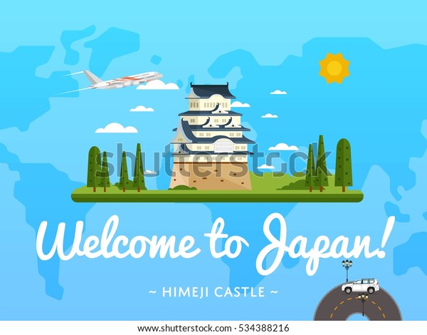 Japan travel. Welcome to Japan poster with famous\
attraction design. Travel agency tour guide. Booking road trip or\
airplane flight ticket service advertisement. Vector invitation\
illustration \
