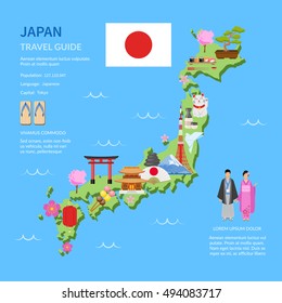 Japan for travelers map with cultural symbols and landmarks flat poster with infographic elements abstract vector illustration 