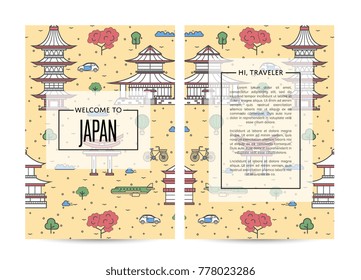 Japan traveling banners set with famous monuments and space for text. Touristic tour vector advertising for travel agency. Japanese architectural landmarks and traditional symbols in linear style.