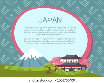 Japan travelling advertisement banner template with traditional house, sakura trees and high mountain cartoon vector illustration and sample text.