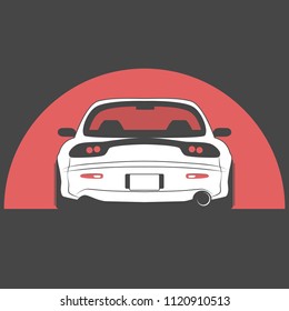 Japan tuned car on red sun background. Back view. Vector illustration