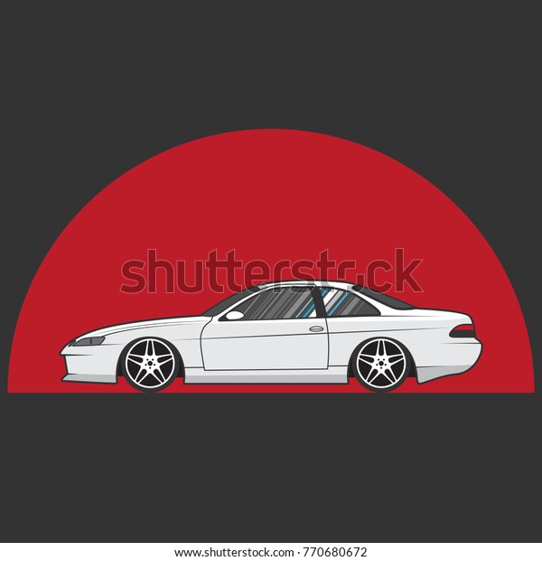 Japan tuned car on red sun background. Car sketch.\
Side view.