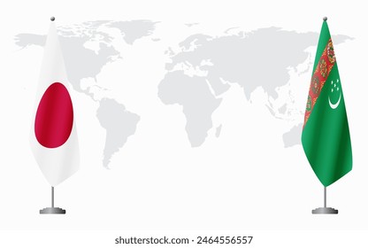 Japan and Turkmenistan flags for official meeting against background of world map.