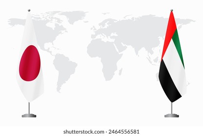 Japan and United Arab Emirates flags for official meeting against background of world map.
