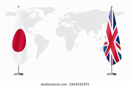 Japan and United Kingdom flags for official meeting against background of world map.