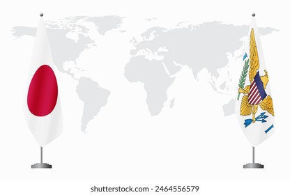 Japan and United States Virgin Islands flags for official meeting against background of world map.