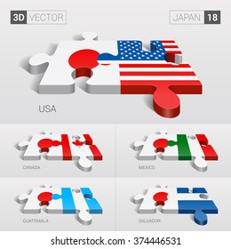 Japan and USA, Canada, Mexico, Guatemala, Salvador Flag. 3d vector puzzle. Set 18.