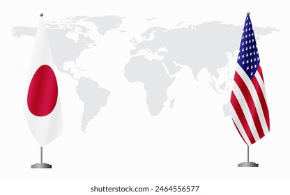 Japan and USA flags for official meeting against background of world map.