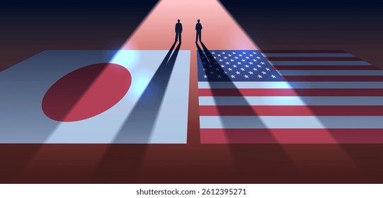 Japan USA trade war concept two silhouetted figures standing on flags spotlight dramatic tension international relations
