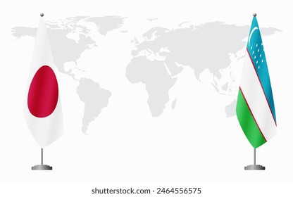 Japan and Uzbekistan flags for official meeting against background of world map.