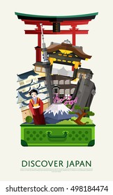 Japan vacation. Japanese famous architecture and historic attraction landmark in luggage bag. Travel to oriental country tradition and culture. Tourism vector illustration. Discover Japan poster

