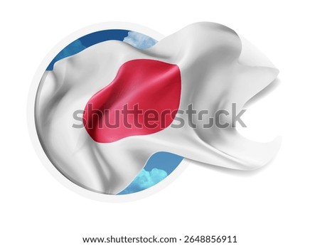 Japan, vector 3d flag against a blue sky, through a round hole on a white background