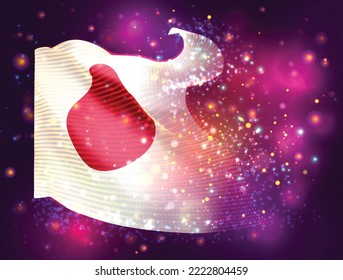 Japón, bandera vectorial 3d sobre fondo púrpura rosa con iluminación y bengalas